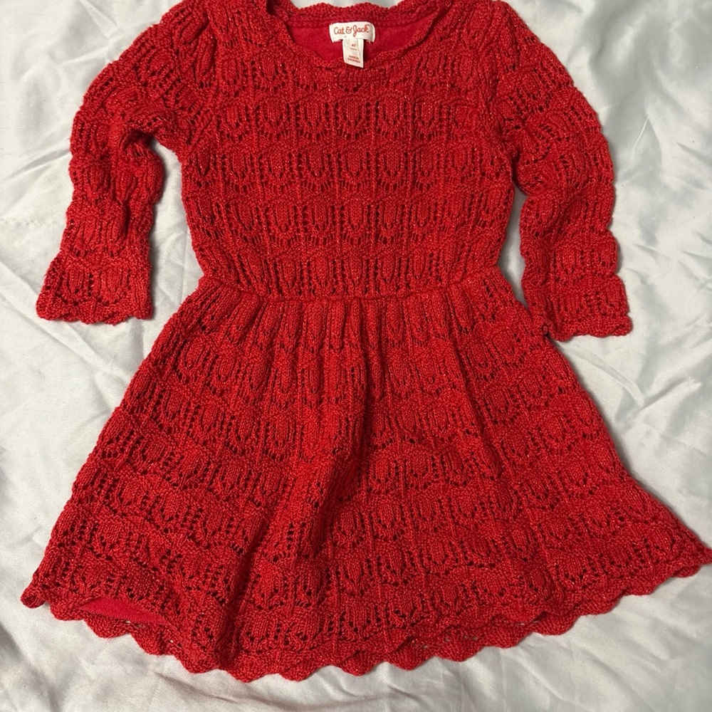 Cat & Jack 4T Girls Red Sparkly Holiday Crochet Dress Lined Scalloped Skirt